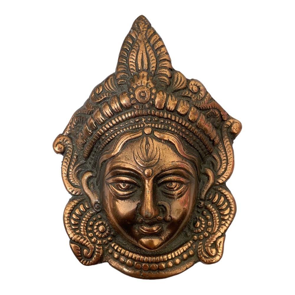 Metal Durga Face Mask Idol Antique Brass Finish Home Decor Wall Mount Diwali 6”
